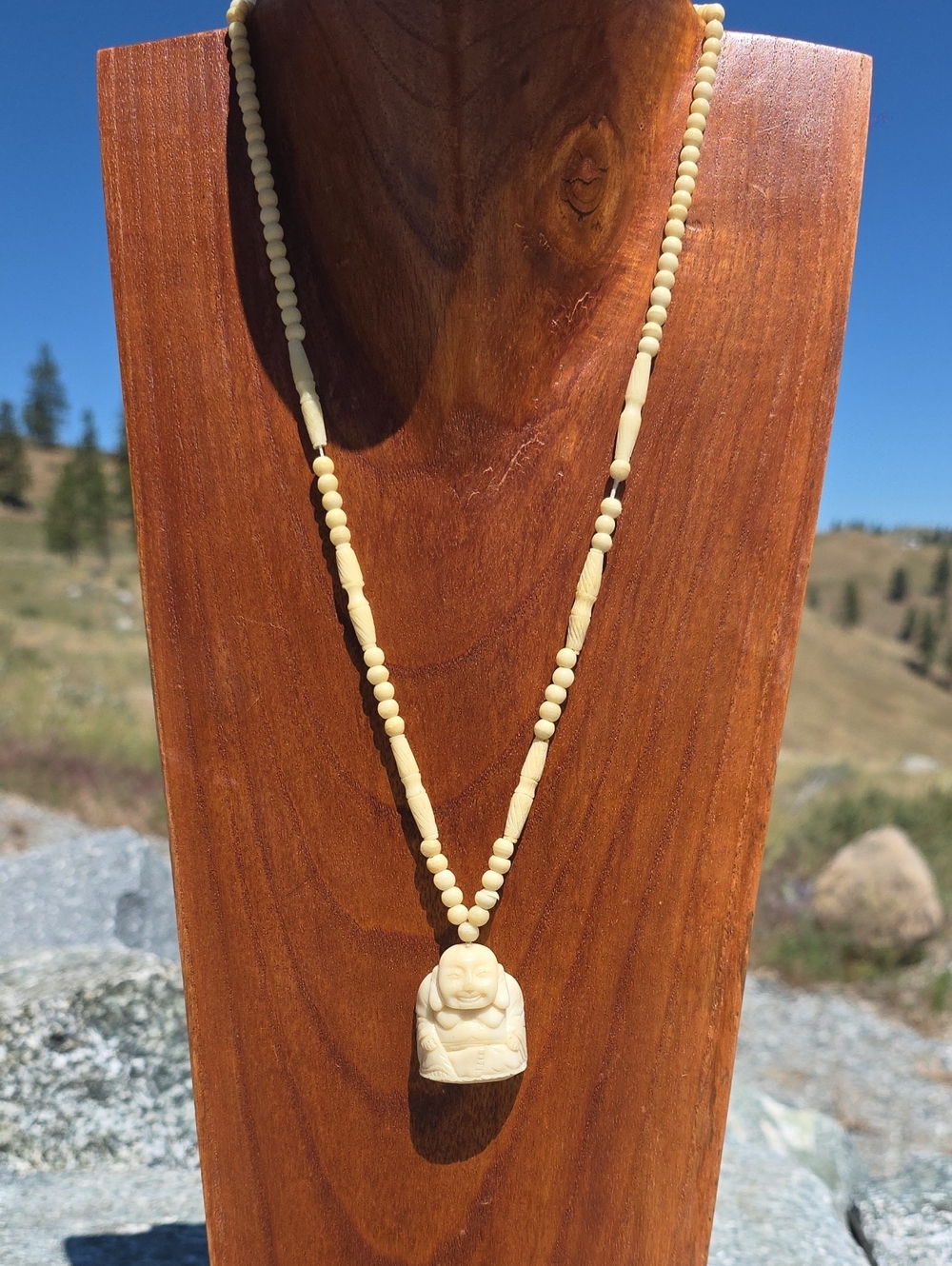 Vintage Hand-Carved Bone Bead Buddha Pendant Necklace - Cream